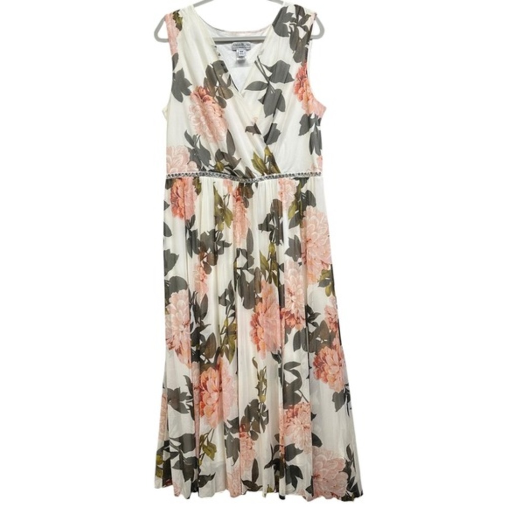 Alexa B Nites Dress Womens 16W White Pink Floral Maxi Sleeveless V-Neck‎ Beaded